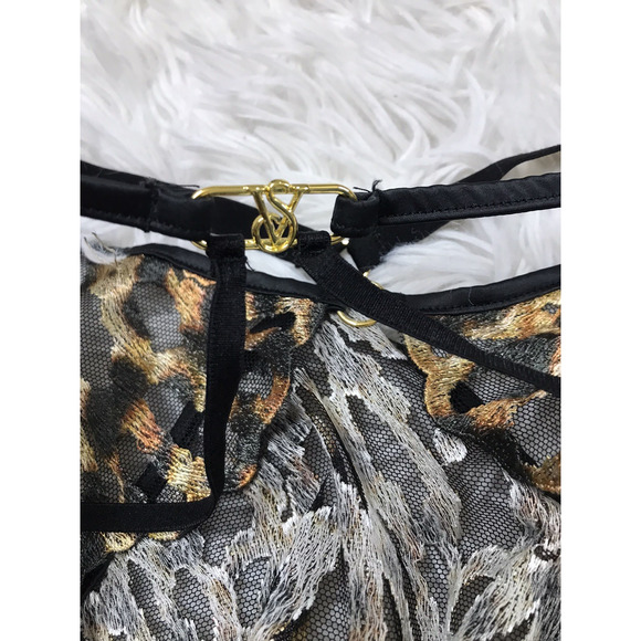 Victoria's Secret Lingerie Brazilian Thong Leopard Lace Strappy Crotchless L - Picture 4 of 6